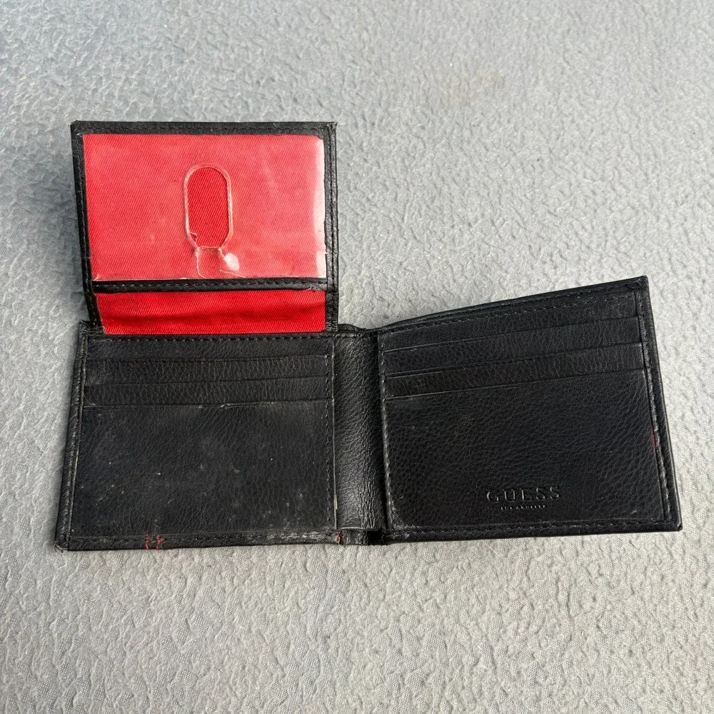 Guess Mens Bifold Wallet Black Faux Leather Red Stitching Triangle Logo Logo